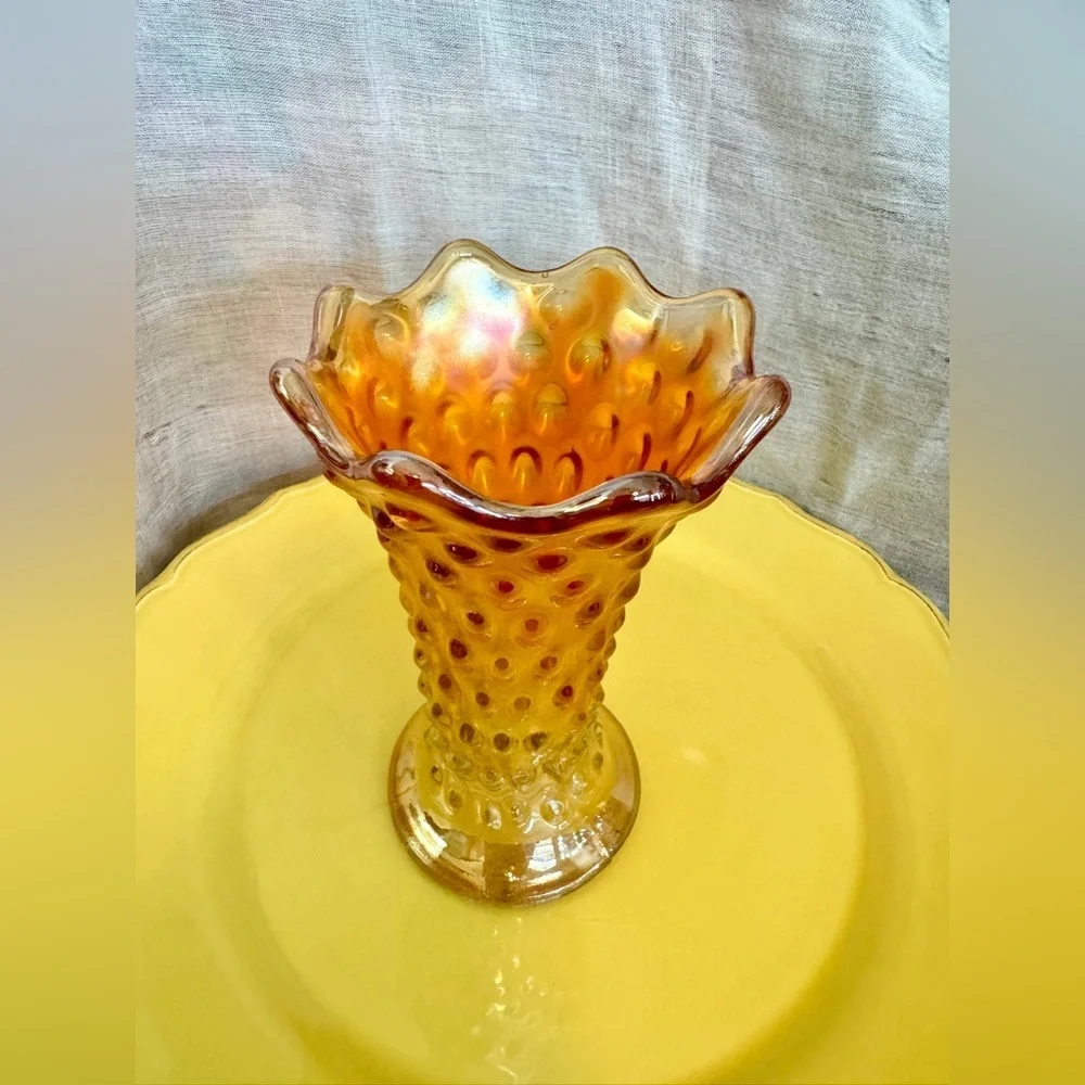 Antique Fenton Marigold Rustic Hobnail Ruffled Vase